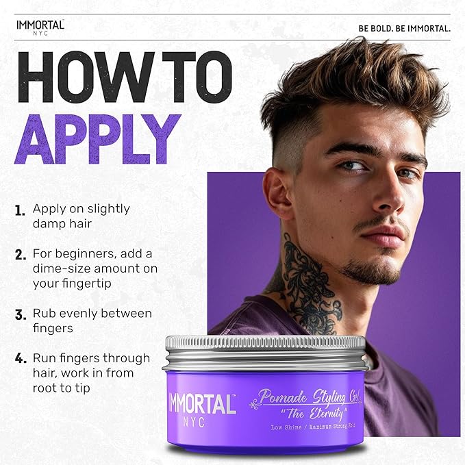Immortal NYC Hair Styling Pomade - The Eternity, Extra Strong Hold, Low Shine, Water-Based, All Natural, No Residue, Men’s Pomade for All Hair Types