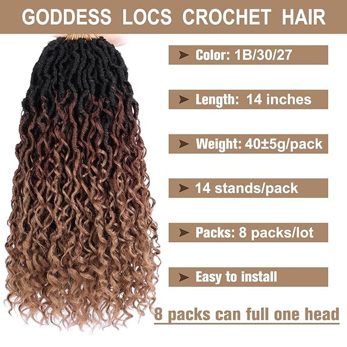 COOKOO Ombre Brown Goddess Locs Crochet Hair - 8 Packs, 14 Inch Curly Crochet Faux Locs with Curly Ends