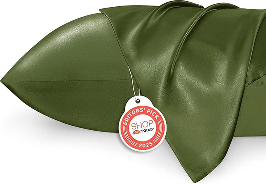 Bedsure Satin Pillowcase for Hair and Skin Queen - Moss Silky Pillowcase 2 Pack with Envelope Closure, Similar to Silk Pillow Cases, Olive Green Decor Gifts for Women Men, 20x30 Inches, 2pcs