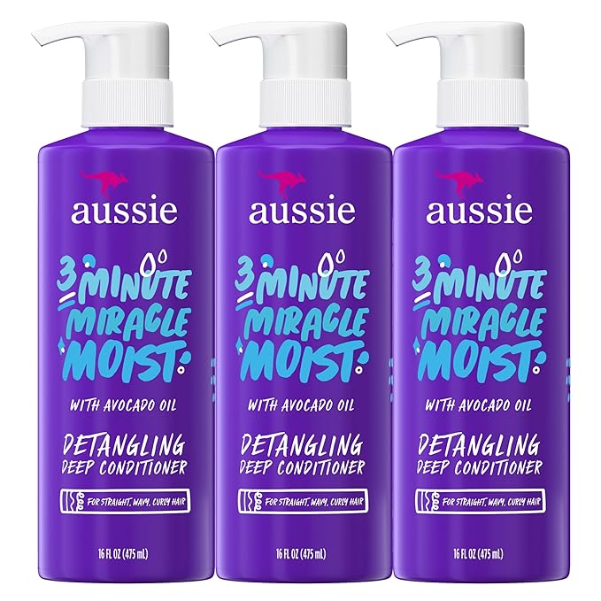 Aussie 3 Minute Miracle Moist Deep Conditioner for Dry Hair, Avocado & Jojoba Oil, Safe for Color Treated Hair, Nourishing Hydration, Silky Shine, Paraben-Free, 16 Fl Oz Each, Triple Pack