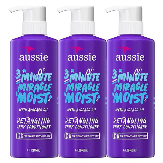 Aussie 3 Minute Miracle Moist Deep Conditioner for Dry Hair, Avocado & Jojoba Oil, Safe for Color Treated Hair, Nourishing Hydration, Silky Shine, Paraben-Free, 16 Fl Oz Each, Triple Pack