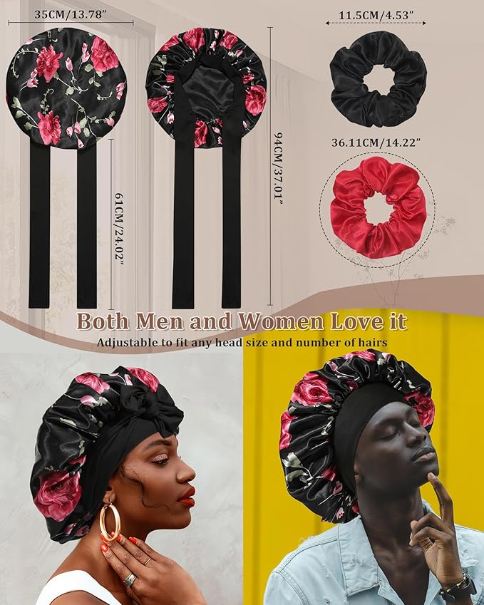 Reversible Satin Bonnet for Sleeping Women Double Layer Hair Bonnet with 2PCS Hair Scrunchies Elastic Tie Band Night Cap