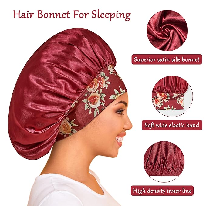 3 Pack Satin Bonnet Silk Hair Bonnet for Sleeping, Sleep Bonnets for Women Large Wide Soft Band Sleep Cap for Curly Hair Braids