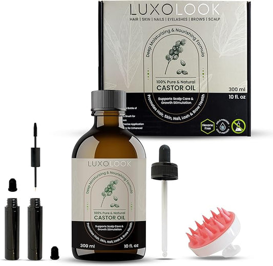 Pure Castor Oil - Cold Pressed 100% Castor Oil for Hair Growth, Skin, Eyebrows, Eye Lashes, Nails & Cuticles - Hexane Free, Natural & Unrefined - Includes Dual Mascara, Dropper & Scalp Massager