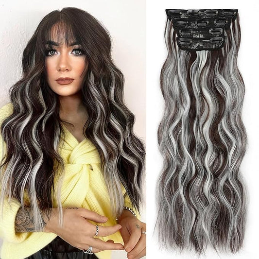 ALXNAN Clip in Long Wavy Synthetic Hair Extension 24 Inch Dark Brown Mix White Highlights 4PCS Thick Hairpieces Fiber Double Weft Hair for Women