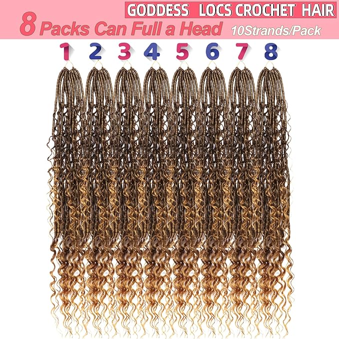 Goddess Locs Crochet Hair-30 Inch 8 Packs Boho Faux Locs Crochet Hair for Black Women Pre Looped Soft Locs with Curly Ends (T27, 30 Inch(Pack of 8))