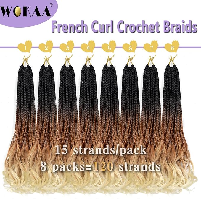 French Curl Crochet Braids 18 Inch 8 Packs Goddess Box Braids Crochet Hair for Women Pre Looped Crochet Box Braid with Curly Ends Synthetic French Curly Braiding Hair Extensions (1B/30/613)