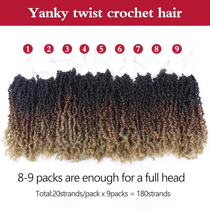 Yanky Twist Crochet Hair, PILLUGER Yaki Twists Hair Micro Spring Twist Braids,9 Packs Pre-looped passion Twist Brown Senegalese With Curls Crochet Synthetic Hair Extensions(1B/30/27)