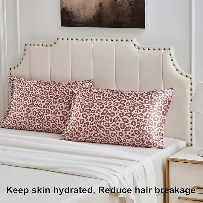 Satin Pillowcase for Hair and Skin, Soft and Cooling Vegan Silk Sleep Set-2 Satin Pillow Cases Queen Size, 1 Eye Mask, 1 Scrunchie, Self Care Essential Night Routine Kit, Pink Leopard