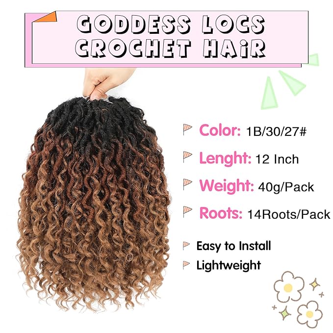 Fulcrum Goddess Locs Crochet Hair 12 Inch, 8 Packs New Faux Locs Crochet Hair for Black Women, Crochet locs with Curly Ends (12Inch (Pack of 8), 1B/30/27#)
