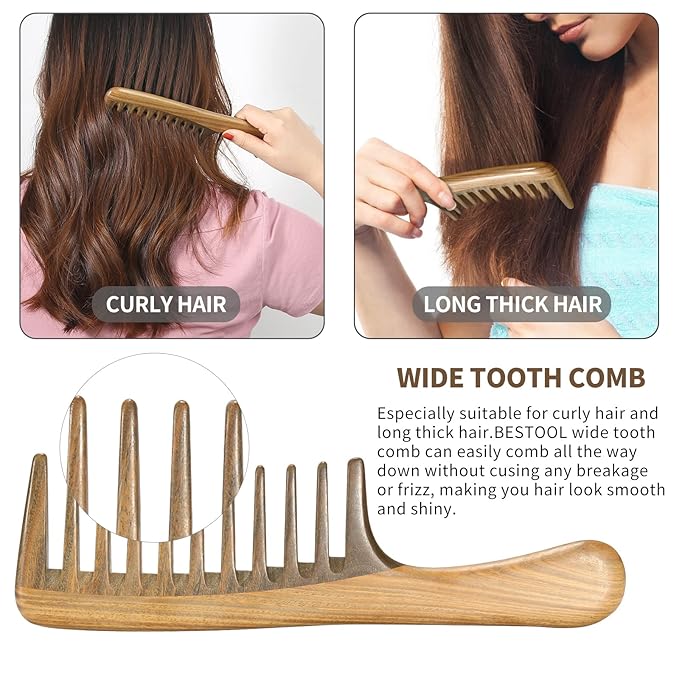 BESTOOL Wide Tooth Comb, Extra Large Natural Sandalwood Wide Tooth Comb Detangler for Curly Long Thick Wet or Dry Hair Anti-static
