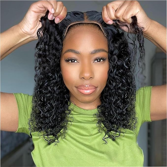 Curly Bob Wig Human Hair Deep Wave Glueless Wigs Human Hair Pre Plucked Pre Cut 5x5 Wear And Go Glueless HD Lace Closure Wigs Human Hair For Black Women 200% Density Black Color 14 Inch