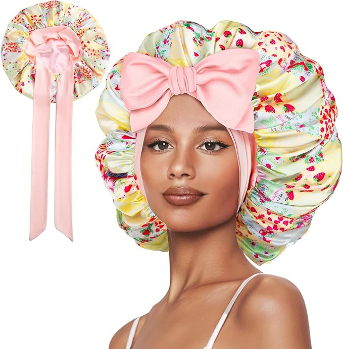 Double Layer Silk Bonnet with Tie Satin Lined Sleep Cap Hair Cover for Women's Curly Natural Hair