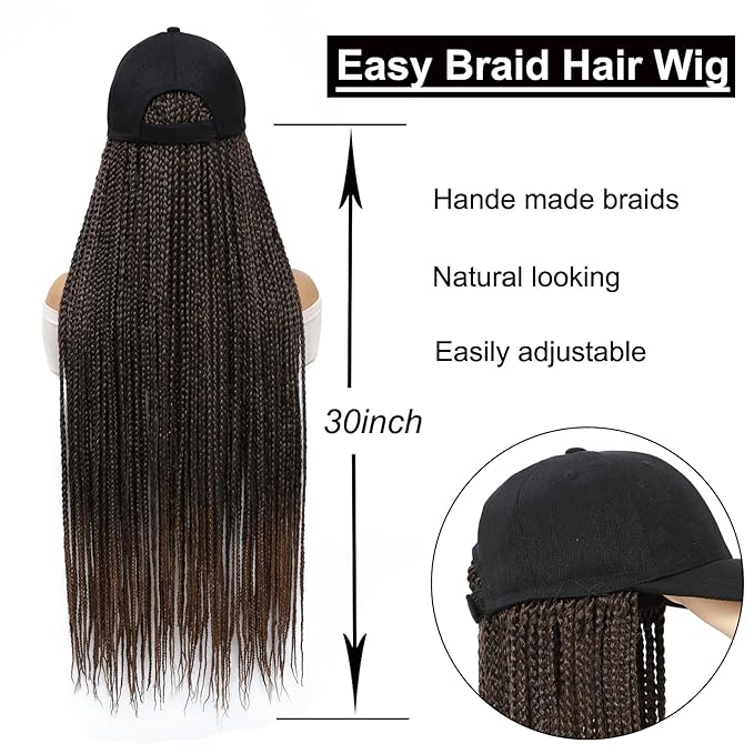Braided Baseball Cap Wig Box Braid Hair Extensions with Hat Ombre black dark brown Cap Wig with 30inch Long Synthetic Braiding Hair for Women (30in-T30)