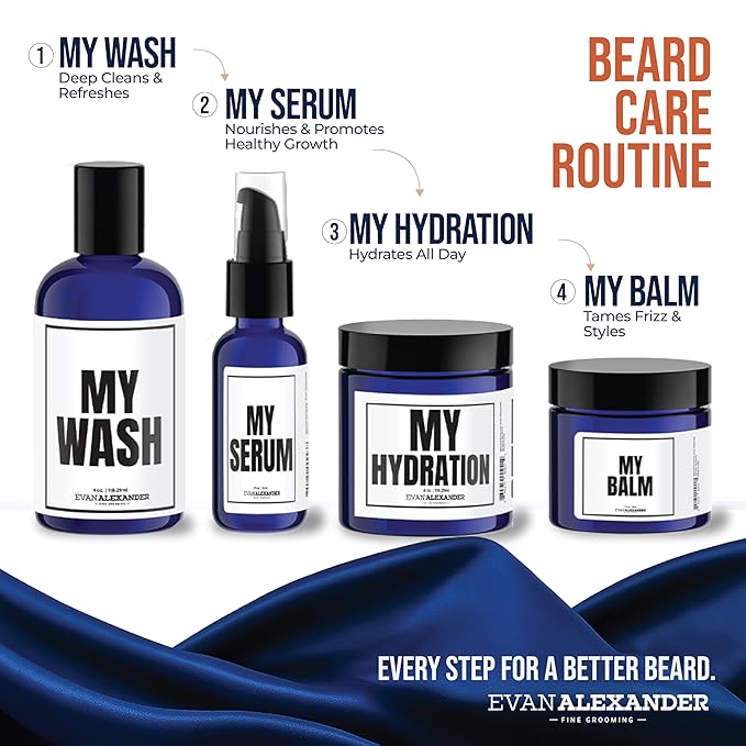 Evan Alexander Morning and Night Beard Care Kit - Includes Wash, Oil, Conditioner & Balm - Encourages Growth, Repairs Damage & Boosts Beard Health - For All Beard Types