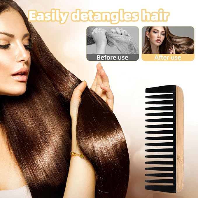 2pcs Wooden Wide Tooth Comb, Anti-Static Large Bamboo Gentle Detangling Hair Comb with Big Bakelite Teeth Detangler Brush for Women Curly Wavy Hair Stylist Essentials Products Care Tools