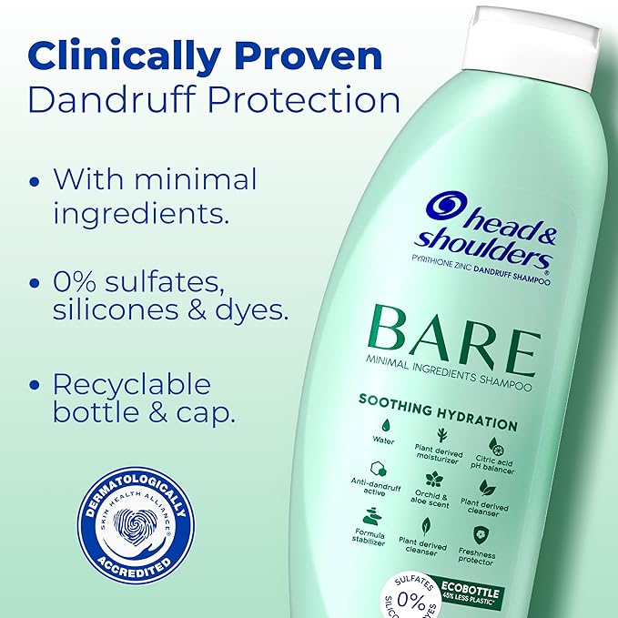 Head & Shoulders Anti-Dandruff Shampoo, BARE Soothing Hydration Twin Pack, 1% Pyrithione Zinc, Dry Scalp Relief, Free of Sulfates, Silicones, Dyes, 13.5 fl oz Each