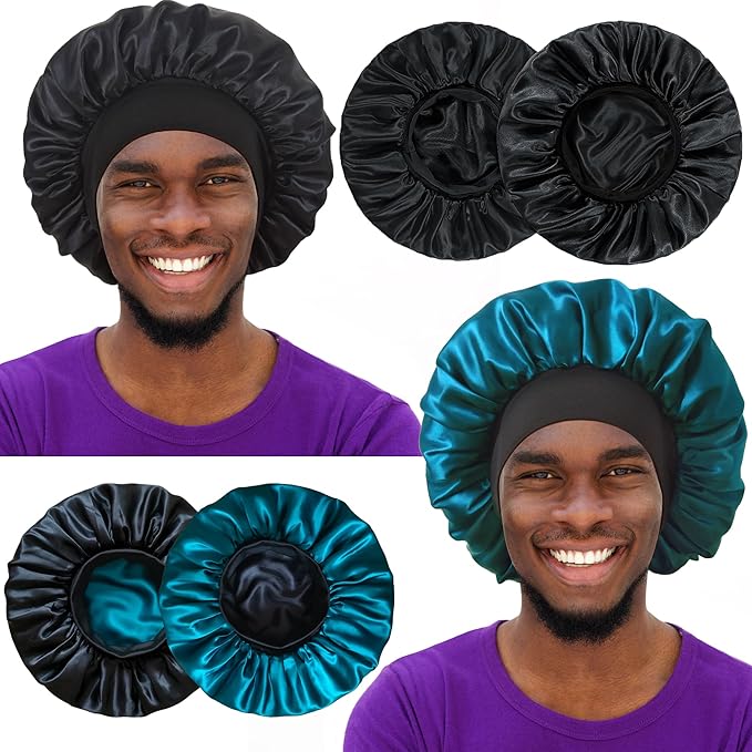 2pcs Bonnet for Men, Bonnets for Women, Satin Silk Hair Bonnet for Sleeping, Reversible Double Layer Wide Band Sleep Cap for Curly Hair Braids