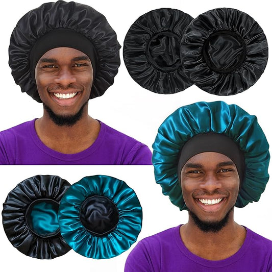2pcs Bonnet for Men, Bonnets for Women, Satin Silk Hair Bonnet for Sleeping, Reversible Double Layer Wide Band Sleep Cap for Curly Hair Braids