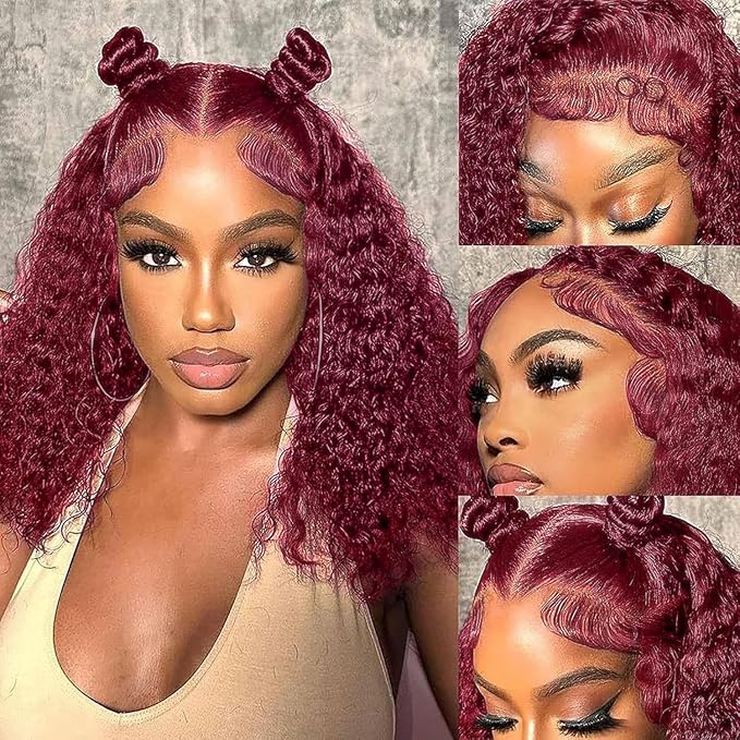 250 Density Burgundy Wig Human Hair 13x4 Deep Wave Lace Front Wigs Human Hair Pre Plucked 99j Burgundy Lace Frontal Wigs Wet and Wavy Curly Wig for Women (18 Inch)
