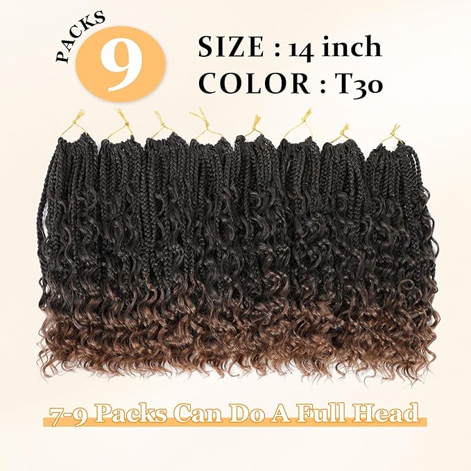 14 Inch Goddess Box Braids Crochet Hair Curly Ends 9 Packs Pre Looped Boho Crochet Box Braids Bohemian Box Braid Crochet Hair For Black Women (14Inch 9 Packs,T30)