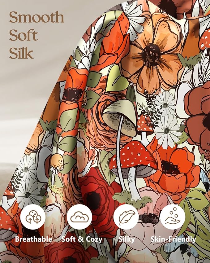 Silk Pillowcase 2 Pack - Cute Pillow Cases 20" x 26" Standard Size Set of 2 for Hair and Skin Smooth Soft Breathable with Hidden Zipper Cooling Pillow Covers for Sleeping, Mushroom Bushes