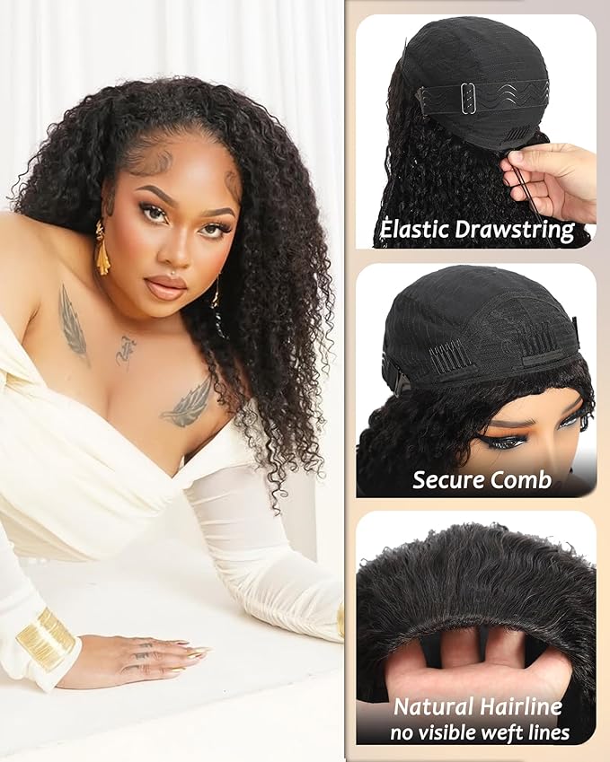 Kinky Curly Half Wig Human Hair - 200% Density, 18 Inch, Glueless Wear & Go, 3 in 1, Flip Over, Headband, Drawstring Wig, Natural Look, Beginner Friendly (Natural Black, 18 Inch, Kinky Curly)