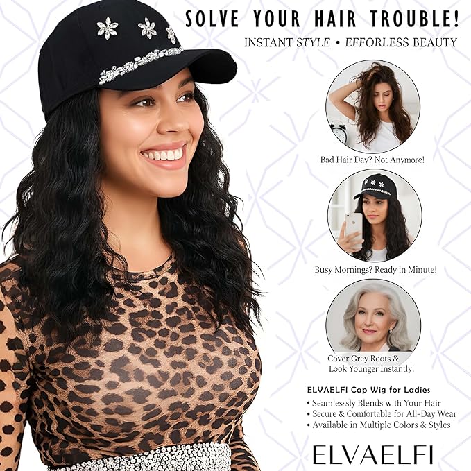 14-Inch Curly Hat Wigs for Women, Synthetic Water Wave Black Hair Wig, Baseball Cap with Hair Extensions