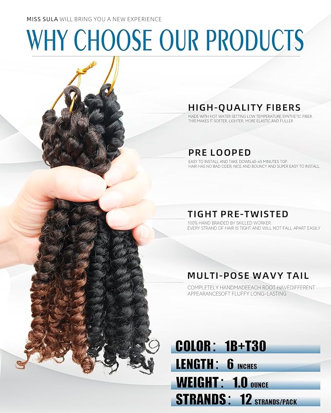 Passion Twist Crochet Hair-Mixed Color Combo Pack(6 packs 1B+2 packs T1B/30),Pre-twisted Pre Looped Short Super Soft Synthetic Braided Hair Extensions For Black Women and Kid(6"-8 Packs,1B+T30)