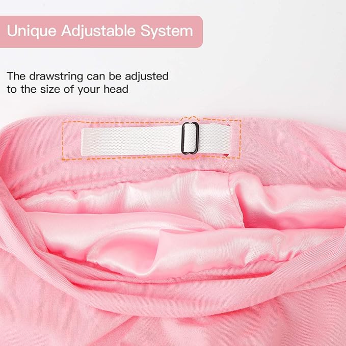 Silk Satin Lined Bonnet Sleep Cap - Adjustable Stay on All Night Hair Wrap Cover Slouchy Beanie for Curly Hair Protection for Women and Men - Solid Pink