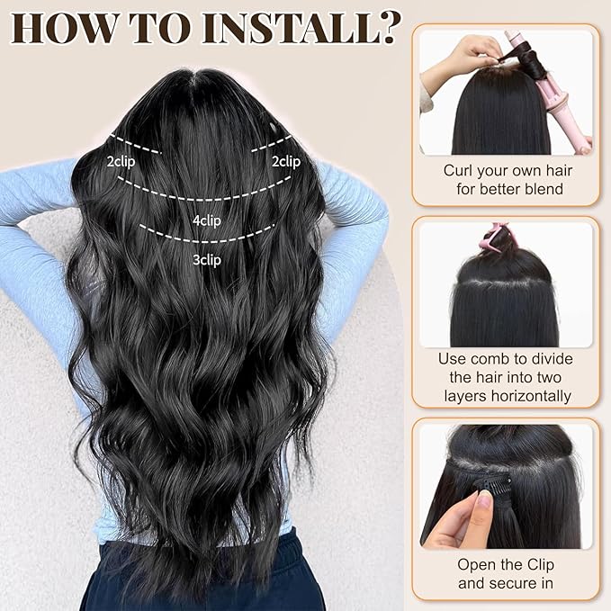 ALXNAN Clip in Long Wavy Synthetic Hair Extension 20 Inch Natural Black 4PCS Thick Hairpieces Fiber Double Weft Hair for Women