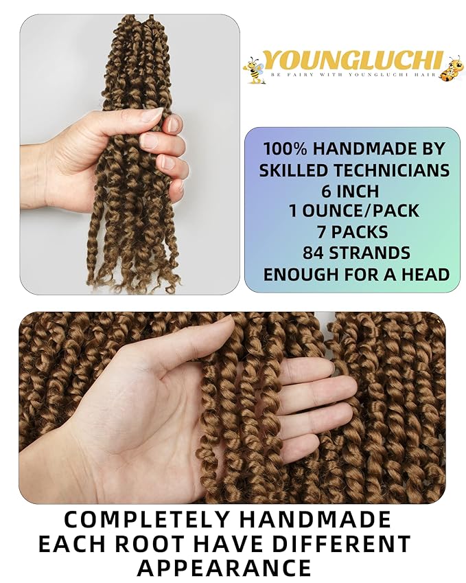 Super Short Passion Twist Crochet Hair for Black Women and Kids-6 Inch 7 Packs Pure Blonde Pre Looped Pre-twisted Passion Twist Hair,Bob Spring Kinky Twist Bohemian Curl(6"-7P,27#)