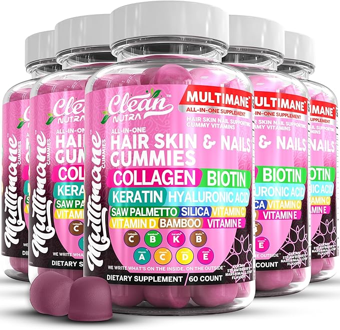 Clean Nutraceuticals Biotin Collagen Keratin Gummies | Hair Skin and Nails Vitamins for Women | Hyaluronic Acid Bamboo Vitamin A C D3 E Folate with Saw Palmetto Silica B3 B12 Vegan Gummy
