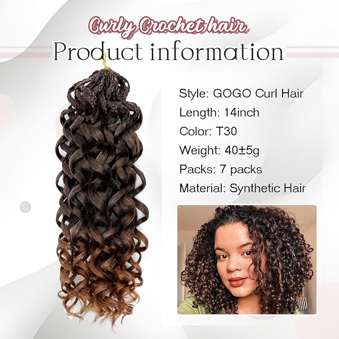 7 Packs Gogo Curl Crochet Hair for Women 14 Inch Pre-Twisted Curly Crochet Hair Deep Ocean Beach Curl Crochet Braids Synthetic Braiding Hair Extensions (14 Inch, 1B/30)