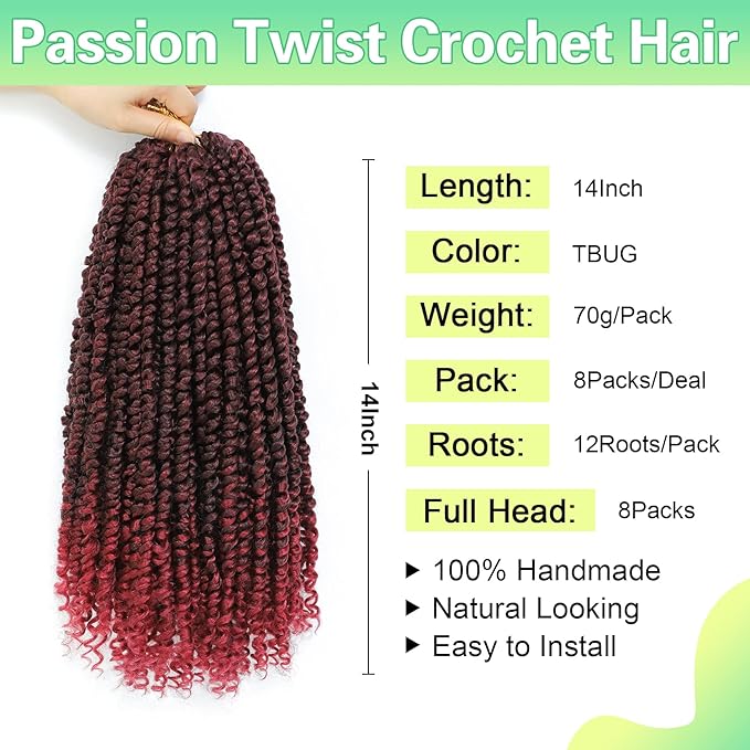 Passion Twist Crochet Hair 14Inch Passion Twist Hair for Black Women 8 Packs Pre Twisted Passion Twist Braiding Hair Extensions Tbug