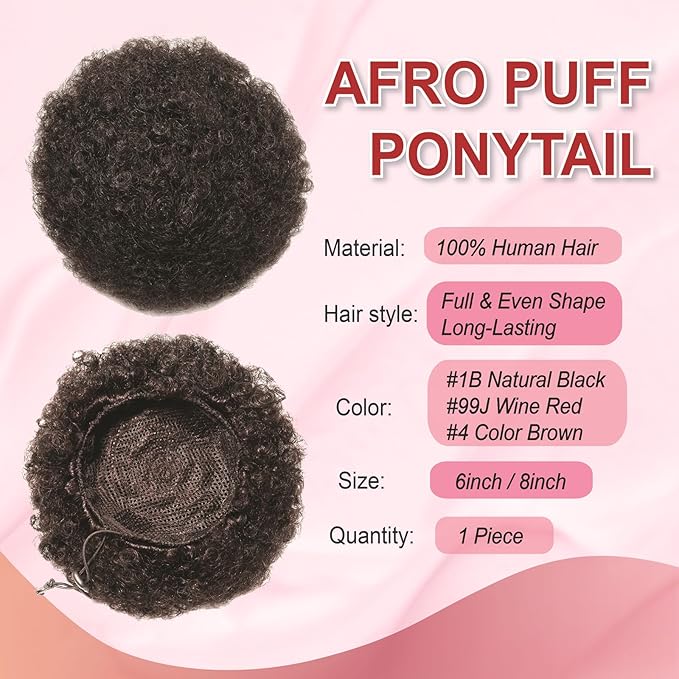 Afro Puff Ponytail Extension Wigs for Black Woman, 99J Burgundy 100% Human Hair 8 Inch Afro Puff Curly Kinky Drawstring Ponytail Bun Short Hair Extensions Clip On Ponytail Bun Hairpieces Updo Wigs