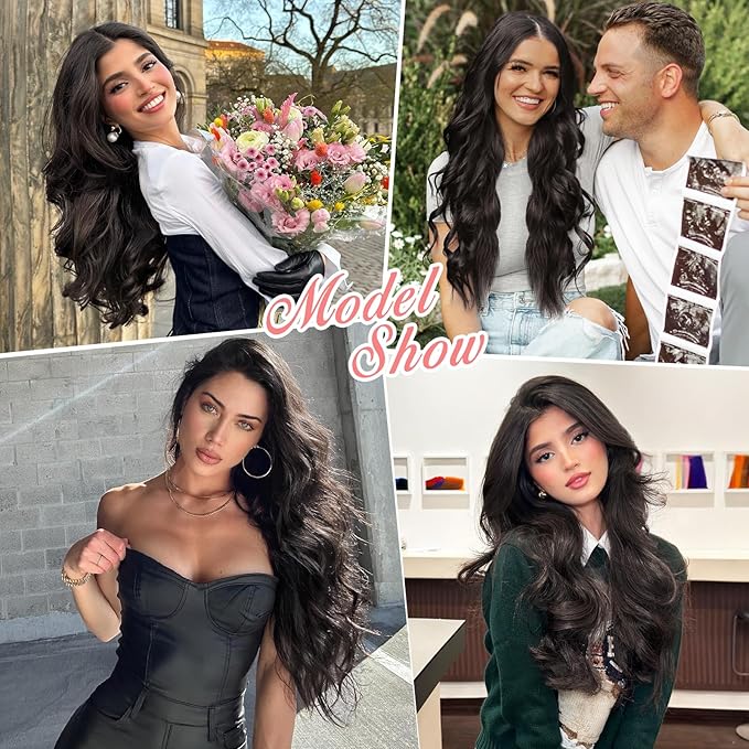 ALXNAN Clip in Long Wavy Synthetic Hair Extension 20 Inch Natural Black 4PCS Thick Hairpieces Fiber Double Weft Hair for Women