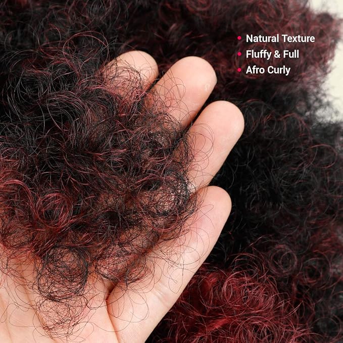 GLAM21USA Afro Puff Drawstring Ponytail Retro Kinky Curly Ponytail Wig Clip in Bun Hair Piece for Black Women Synthetic Hair Extension (LARGE, FS1B/BG (Off black frosted with Burgundy))