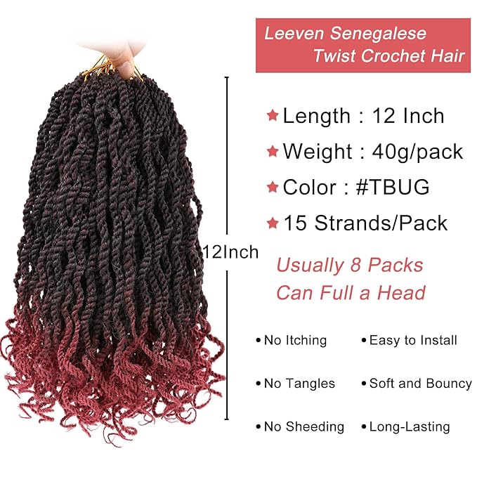 Leeven 12 Inch Burgundy Senegalese Twist with Curly Ends 8 Packs Ombre Red Hanava Twist Crochet Hair Pre Twisted Short Kinky Twsit Pre Looped Synthetic Crochet Braids for Women Kids
