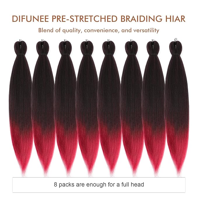 Pre-stretched Braiding Hair - 28 Inch 8 Packs Ombre Red Super Long Braiding Hair For Twist or Box Braids, Yaki Texture Hot Water Setting Synthetic Braiding Hair Extensions (28 Inch, T530-8P)