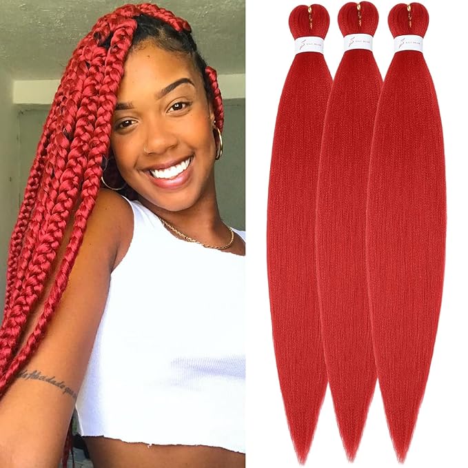 Red Braiding Hair Pre stretched 26 Inch Pre stretched Braiding Hair Extensions Yaki Braids Hair Hot Water Setting Synthetic Hair Colored Braiding Hair Pre stretched Crochet Hair(26 Inch,3 Packs,Red#)
