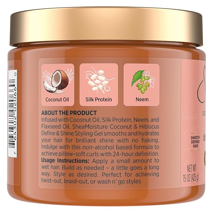 SheaMoisture Define & Shine Styling Gel + Flaxseed Coconut&Hibiscus Hydrates,Holds Your Style All Day Infused With Glycerin,Coconut Oil an Invigorating Sweet Scent ParabenFree Frizz Control Gel 15OZ
