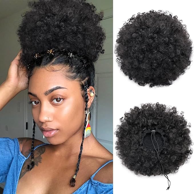 AISI QUEENS Afro Puff Drawstring Ponytail Synthetic Short Afro Kinkys Curly Afro Bun Extension Hairpieces Updo Hair Extensions with Two Clips Natural Black Large Size(1B#)