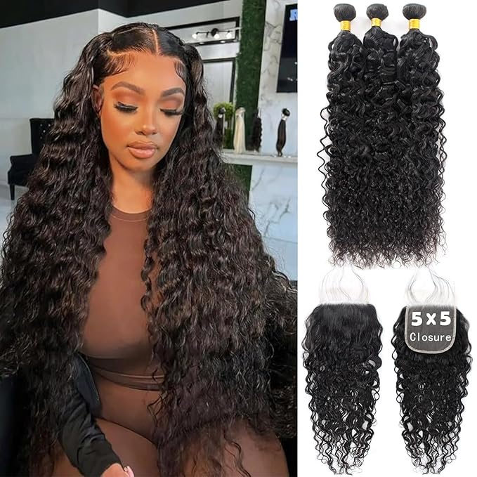 12A Water Wave 3 Bundles with 5x5 Lace Closure(18 20 22+16) 100% Unprocessed Brazilian Virgin Remy Hair Water Wave Human Hair Bundles with 5x5 HD Lace Closure Natural Color