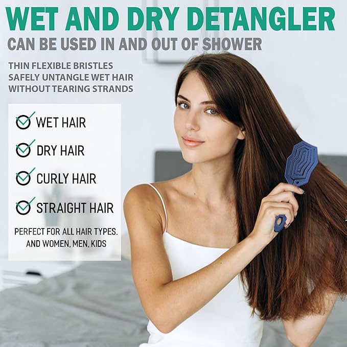 Fiora Naturals Hair Detangling Brush for Women - Detangler Hair Brush w/Flexible Soft Bristles- Gently Glides Through Tangles - Curly, Fine, Dry and Shower Wet HairBrush, cepillo para cabello - Blue