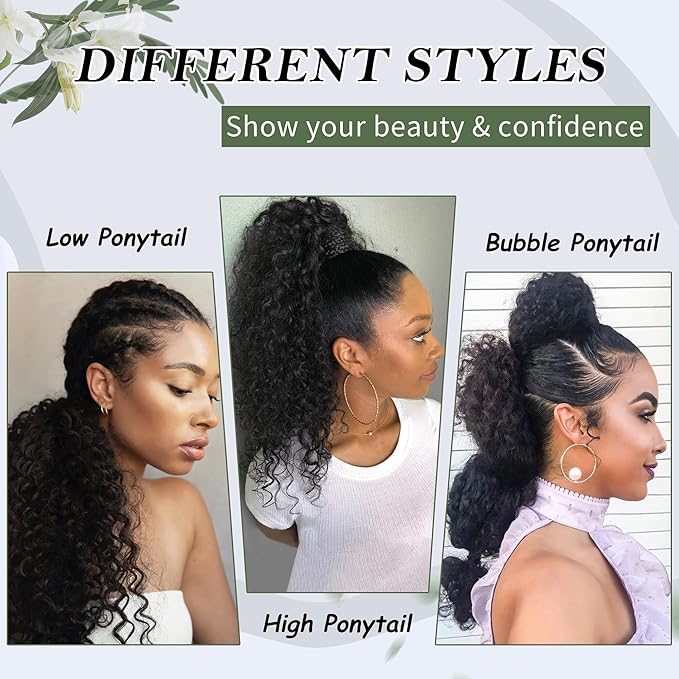 20 Inch Drawstring Ponytail Extension for Black Women Deep Curly Ponytail Extension Synthetic Mixed with Human Hair Hairpieces Afro Kinky Curly Pony Tail for Daily Use (Black)