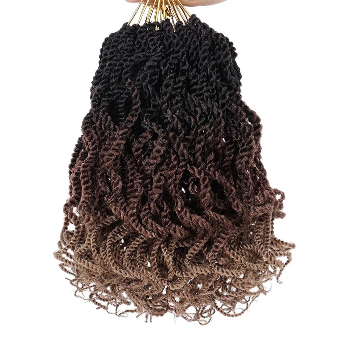 Leeven 8 Inch Senegalese Twist Crochet Hair with Curly Ends 8 Packs Ombre Blonde Brown Pre Looped Wavy Crochet Braids Small Hanava Twist 3 Tone Synthetic Braiding Hair for Women Girl Kids #1B/30/27