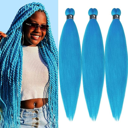 Light Blue Braiding Hair Pre Stretched Colored Blue Hair Extensions for Braids 26 Inch Yaki Hypoallergenic Kids Braiding Hair Synthetic Hair Weave 3 Bundles