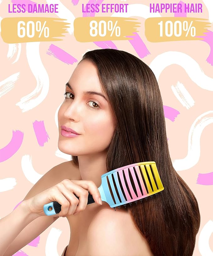 KTKUDY Detangling Brush Boar Bristles Hairbrush Make Hair Shiny & Healthier Curved and Vented Detangler Brush for Women Men Kids Wet & Dry Hair
