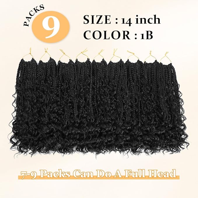 14 Inch Goddess Box Braids Crochet Hair Curly Ends 9 Packs Pre Looped Boho Crochet Box Braids Bohemian Box Braid Crochet Hair For Black Women (14Inch 9 Packs,1B)